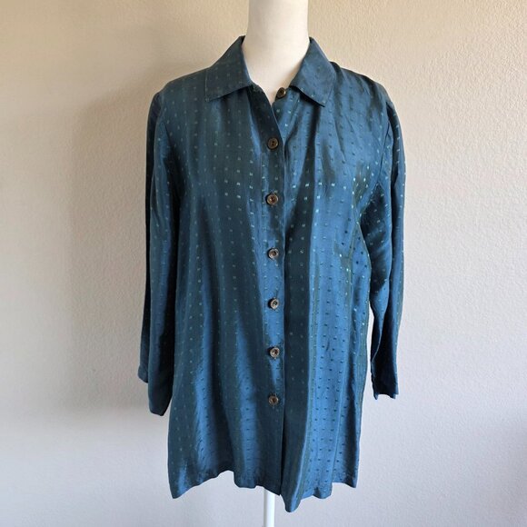 Endless Knot Art Sik Blouse Shirt Teal Side Vent Geometric Embroidery Size M - Picture 1 of 6